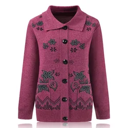 Print Mother Sweater Cardigan Top 60-80 Years Old Middle-Aged Elderly Women's Woolen Jacket Spring Autumn Knitted Shirt