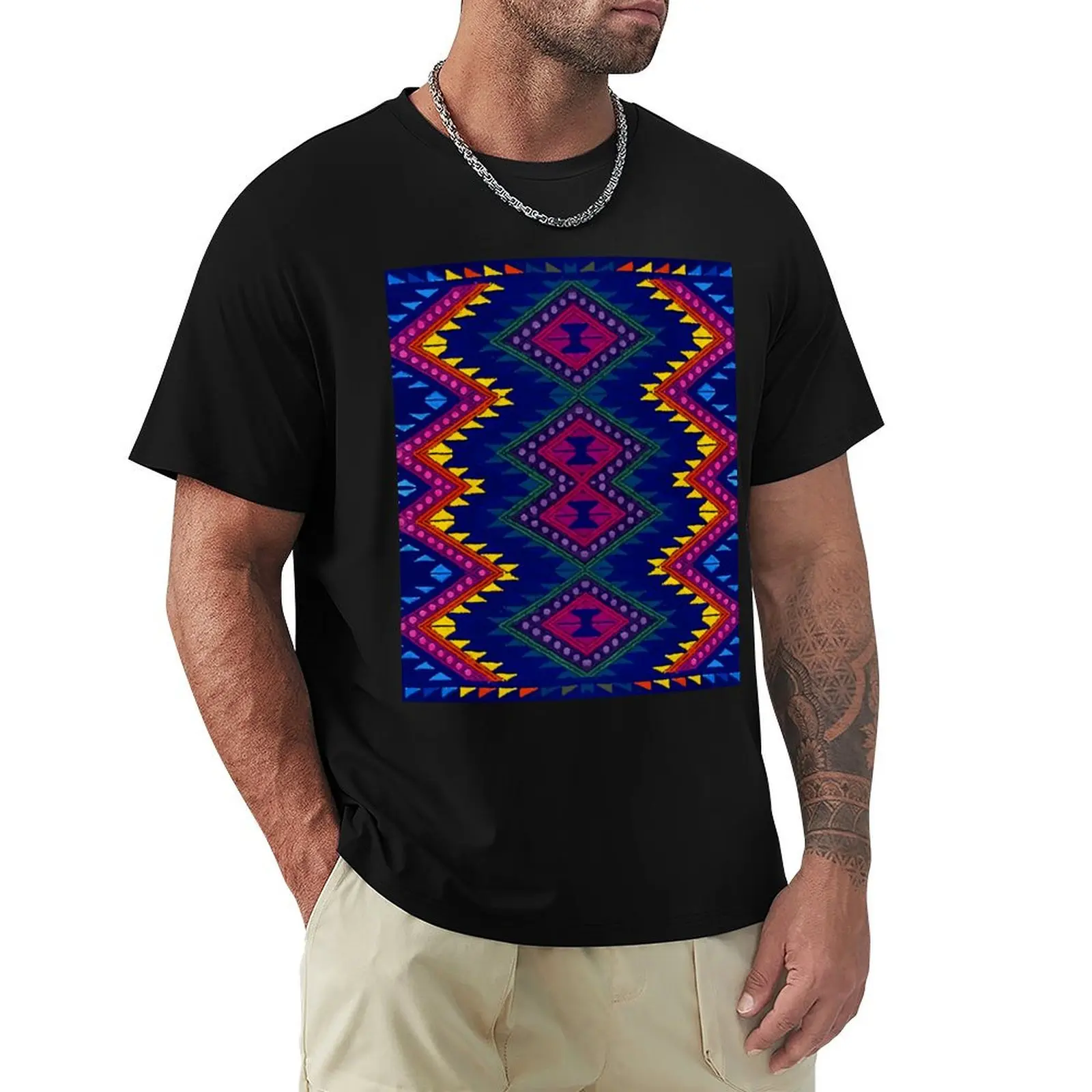 

Colorful chevron vibrant blue embroidery maya textile maximalist decor T-Shirt Active Wear Sports T-Shirt for Men
