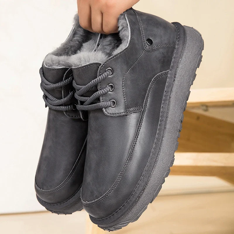 Genuine Leather Men’s Winter Snow Boots Waterproof Wool Fleece Ankle Boots Thick 3cm Lug Sole Warm Outdoor Shoes for Men