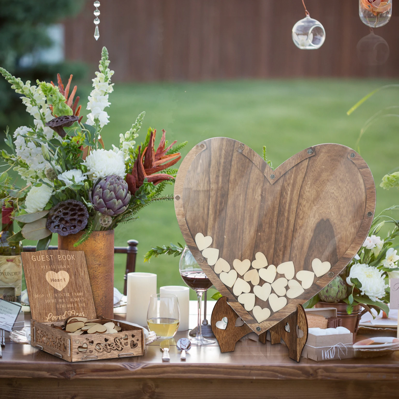 Livre d'Or de Mariage en Bois en Forme de Cœur, Boîte de Rangement Pastorale, Message d'Anniversaire, Satisfait, 88 Pièces