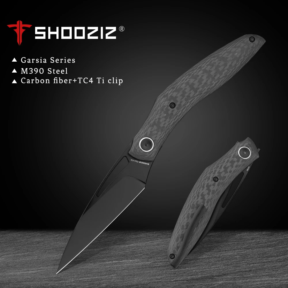 

SHOOZIZ New Folding Knife for Men, Pocket EDC knife with Ti Clip, M390 Steel, Carbon Fiber,Outdoor Camping Tool -Garsia