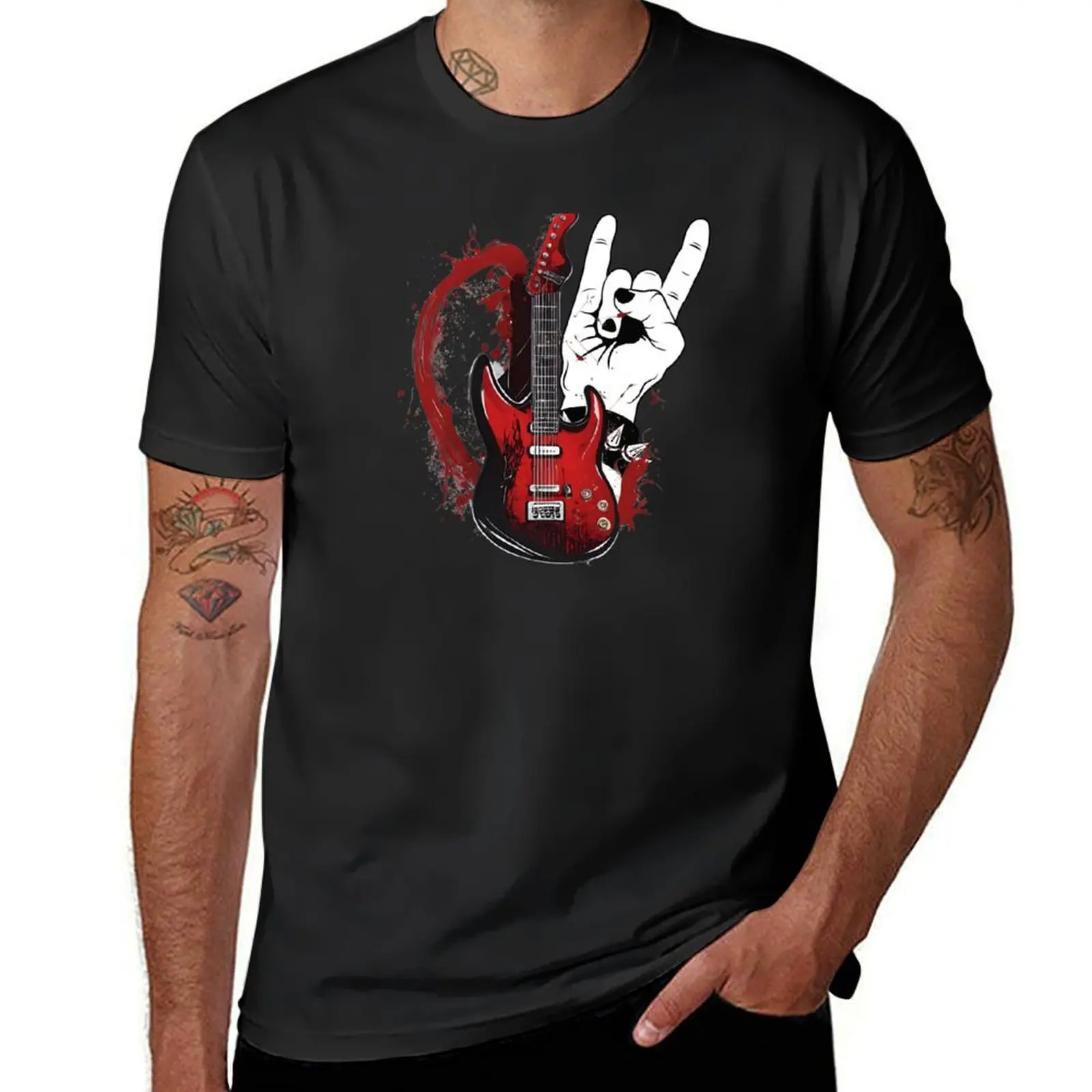 E-Gitarre und Rocker Hand Geste Kunst T-Shirt schwarz übergroße Rohlinge Herren schlichte T-Shirts