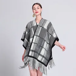 WeHello - Bohemian Style New High-End Texture Plaid With Temperament Tassel Shawl Cape Retro Warm Scarf