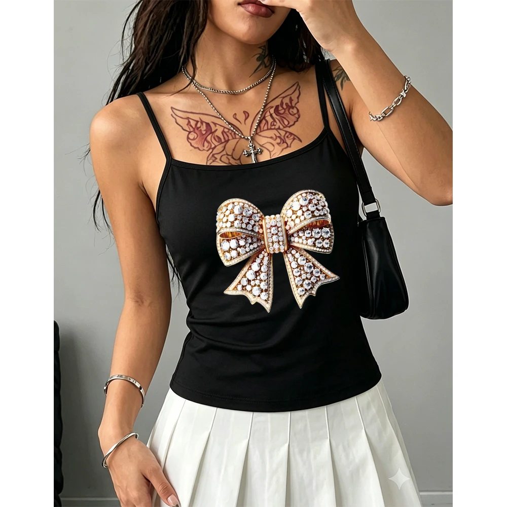 Sweet Girl Cami Women Gold Jewel Bow Graphic Tank Top Sleeveless Vest Summer Trendy Fashion Fancy Daily Wear Coquette Aesthetic