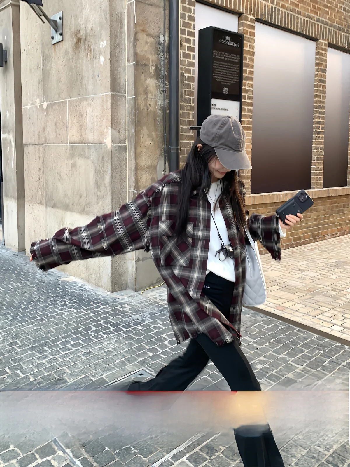 

Ouyang Flow Tassel Plaid irt Jaet Women's Loose Design Sensation American Retro irt Long Sve Breathable Faion