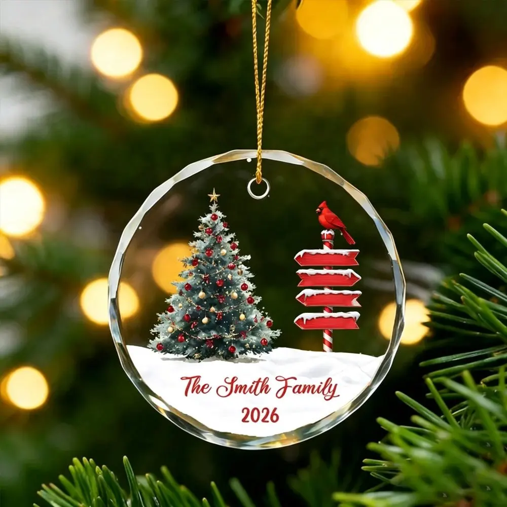 Christmas Ornament Custom Family Name Year Crystal Glass Bauble with Cardinal Bird Tree, Family Christmas Keepsake Gift.