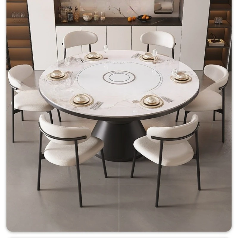 Round Stone Slab Dining Table and Chair Set Modern Living Room Furniture Light Luxury Style with Built-in Induction Cooker