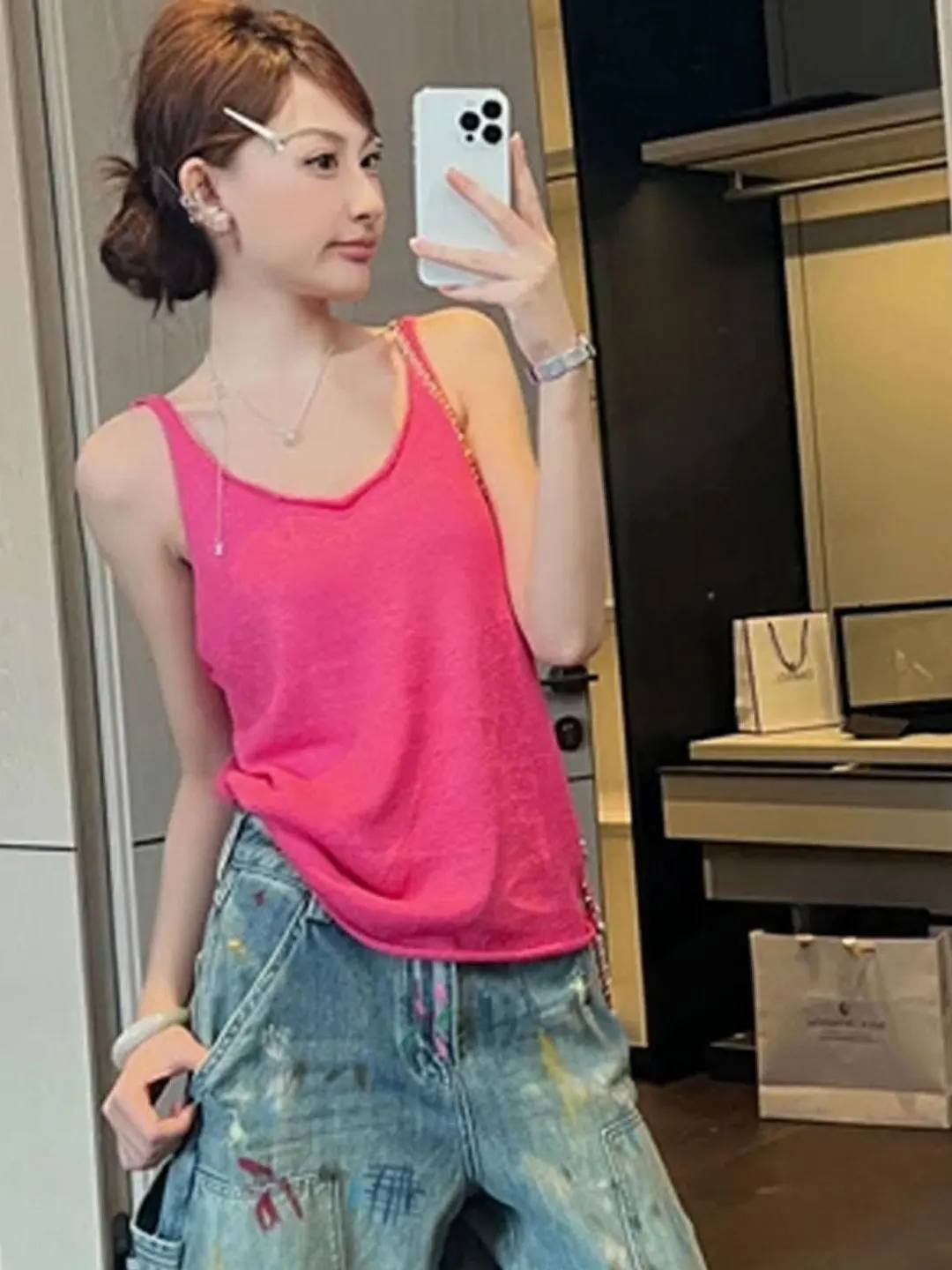 

Raspberry Pink Summer Dopaamine Women's Sleeveless Crop Top Casual Loose Outerwear Hot Girl Strap Vest round Neck Pure Color