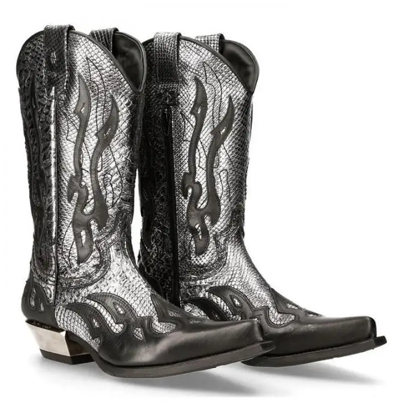 Retro-Flammen-Farbblock-Kniehohe Stiefel, Modische Spitze, Dicker Absatz, Ritterstiefel, Western-Cowboy-Luxus-Punk-Schuhe 2026 – Detail 6