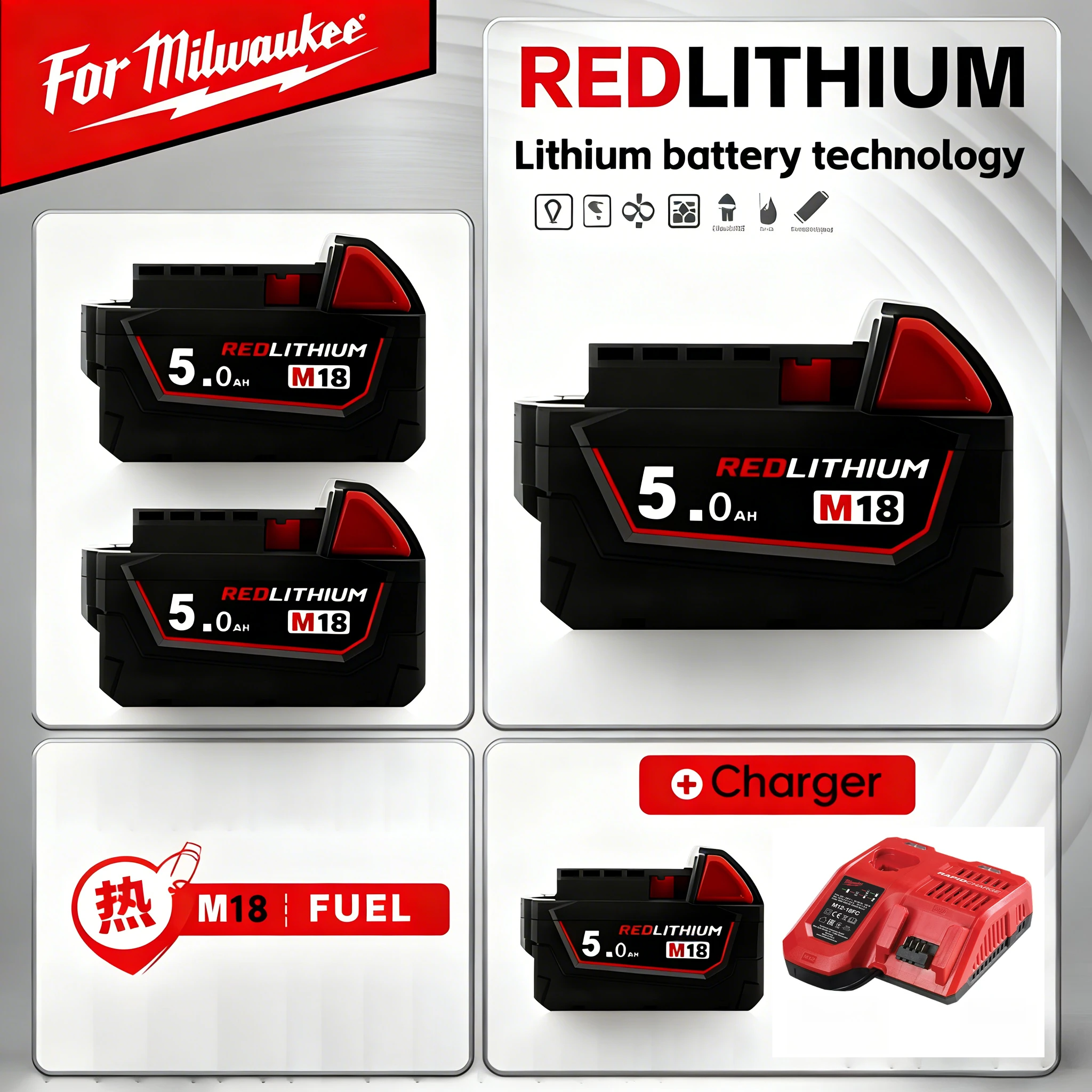 

For Original Milwaukee M18 Power Tool Battery,18V, 12.0Ah M18HB8 High Capacity Li-ion Battery48-11-1860, Built-in 21700 Battery