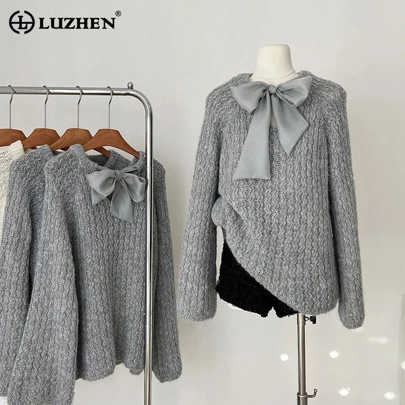 LUZHEN 2024 New Detachable Bow Decorate Elegant Long Sleeve Knitted Pullover Women's Original Solid Color Casual Sweater AA2761