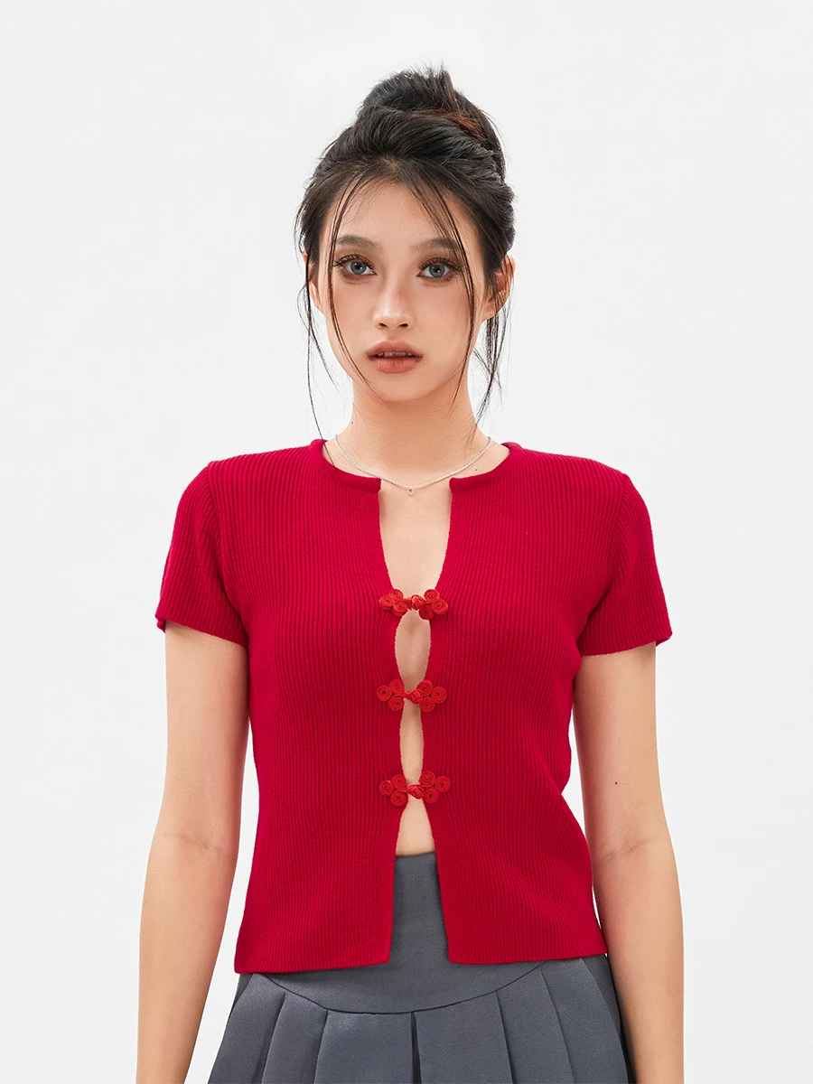 

Women Short Sleeve Knit Tops Solid Color Plunging V-Neck Open Front Buckles Elegant T-Shirts Summer Slim Fit Shirts Streetwear