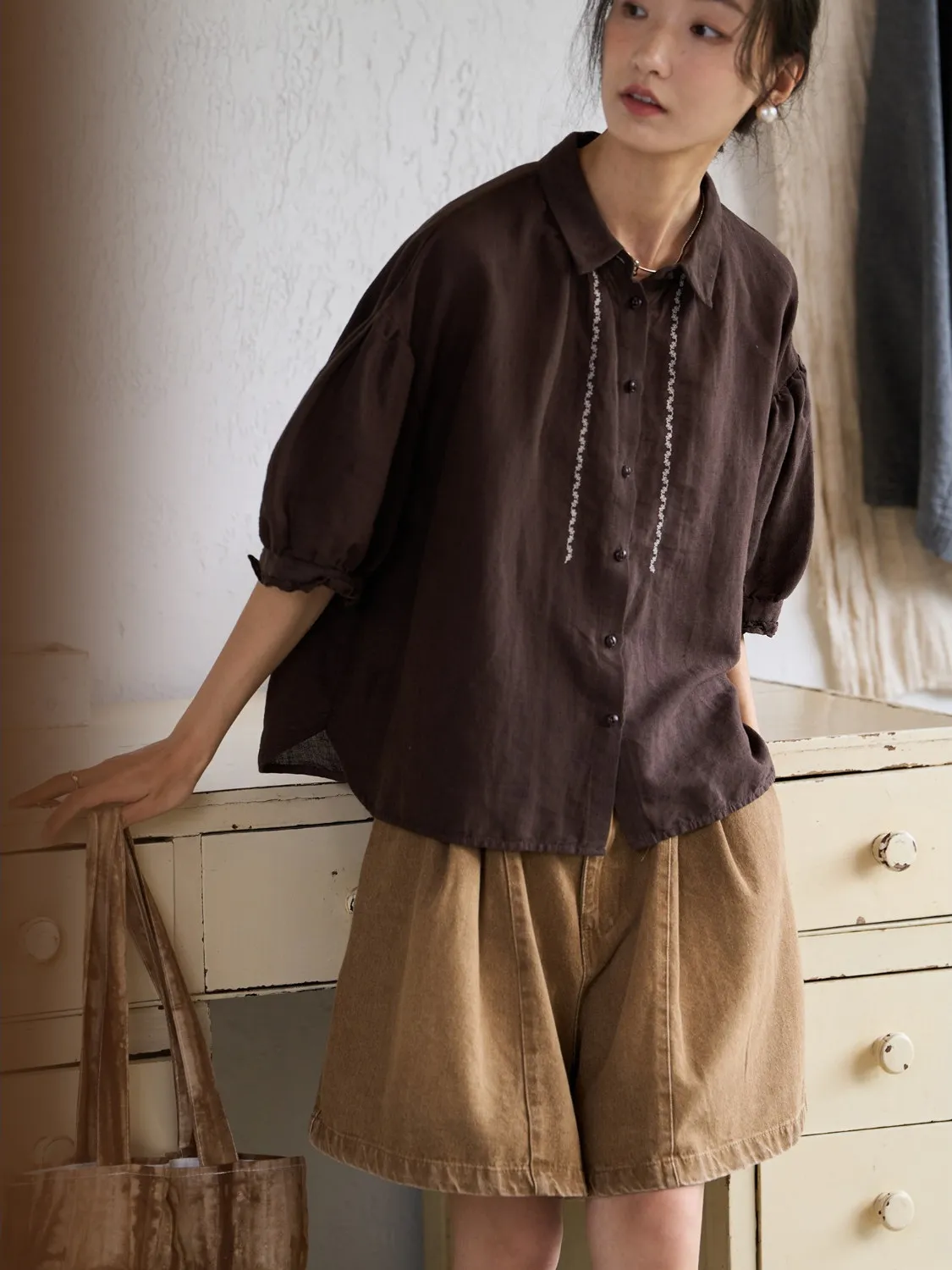 2025 New Women's Cotton Linen ort Sve Embroidered irt Loose Fit Vintage Design Summer Top Commute Sle Regular Length