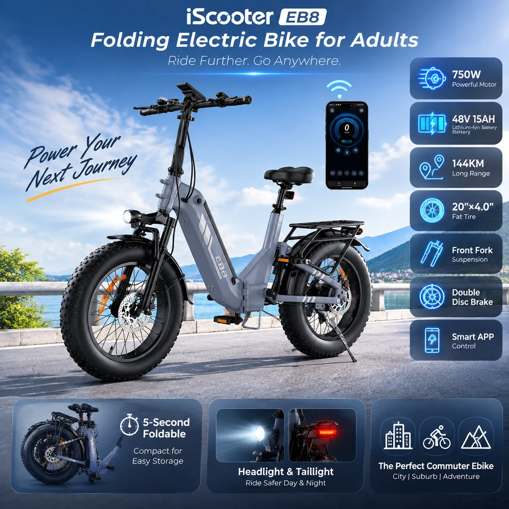IScooter EB8 Faltbares Elektrofahrrad für Erwachsene, 750W Motor, 48V15AH Lithium-Ionen-Akku, 144KM Reichweite, 20'*4.0 Fat-Reifen, Vorderradgabel-Federung, Doppelscheibenbremse, Smart-App-Steuerung,