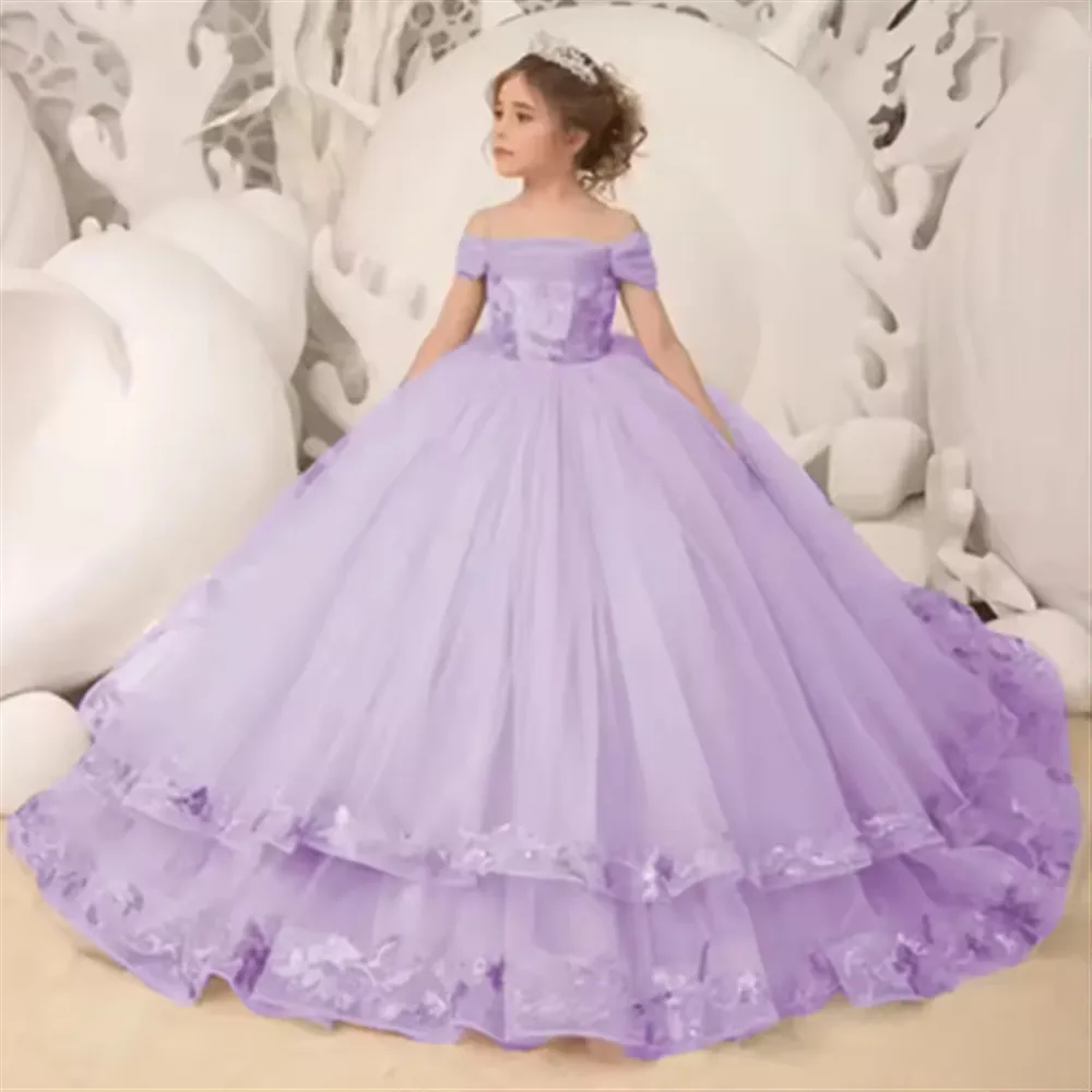 Elegance Off The Shoulder Fluffy Flower Girl Dress For Wedding Appliques Ruffles Toddler Pageant Dress Kids Birthday Gown