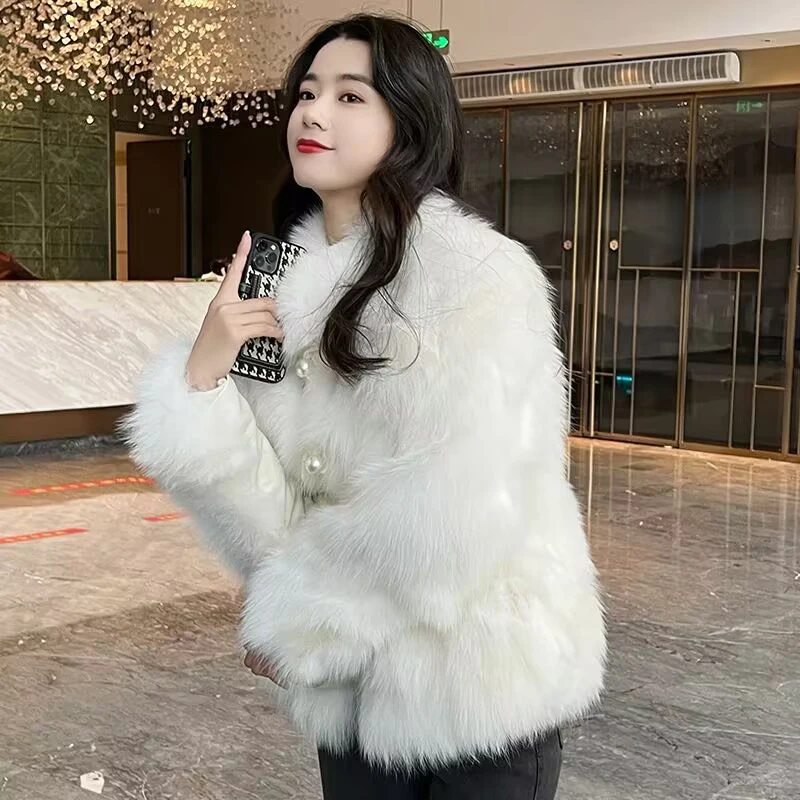 Gidyq Women Faux Fox Fur Coats Elegant Korean Fashion Pearl Button Plush Jacket Female Thick Warm Loose Overcoat Winter New