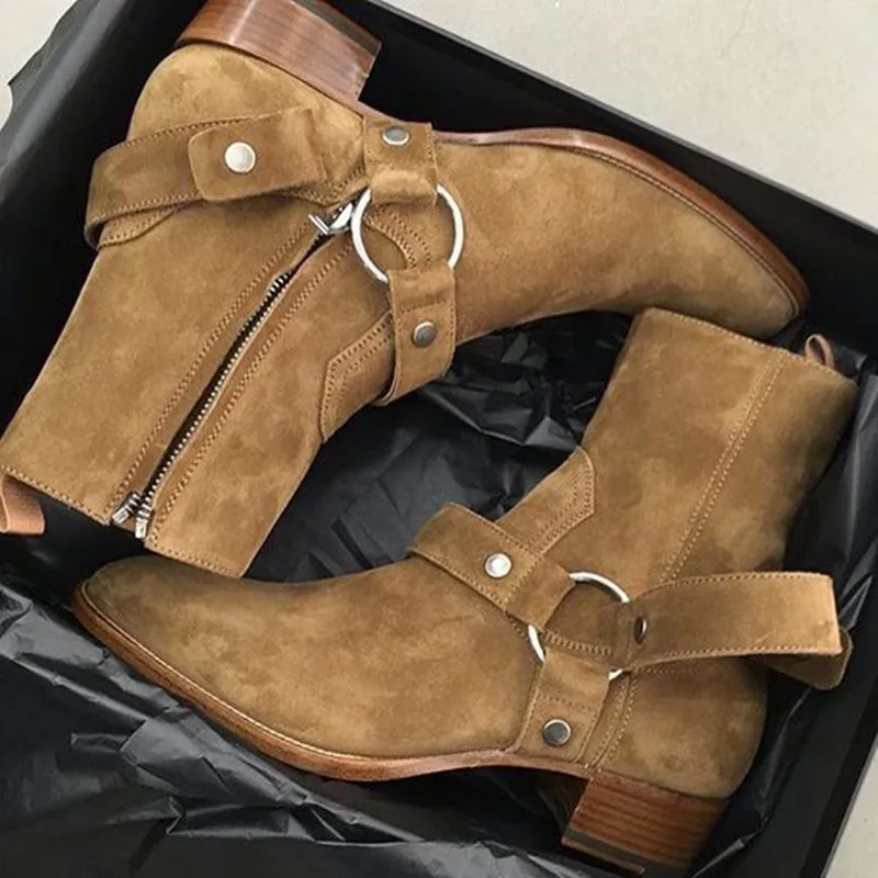 Nowe brązowe/czarne zamszowe buty z zamszowej skóry z łańcuszkami i klamrami męskie buty z ułożonym obcasem