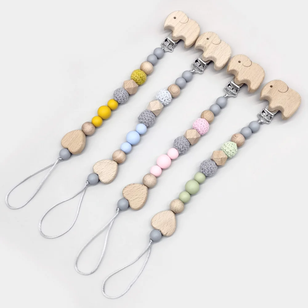 Baby Beech Wood Pacifier Clip Cartoon Animal Crochet Beads Silicone Nipple Chain For Teether Nursing Toys Baby Pacifier Chain