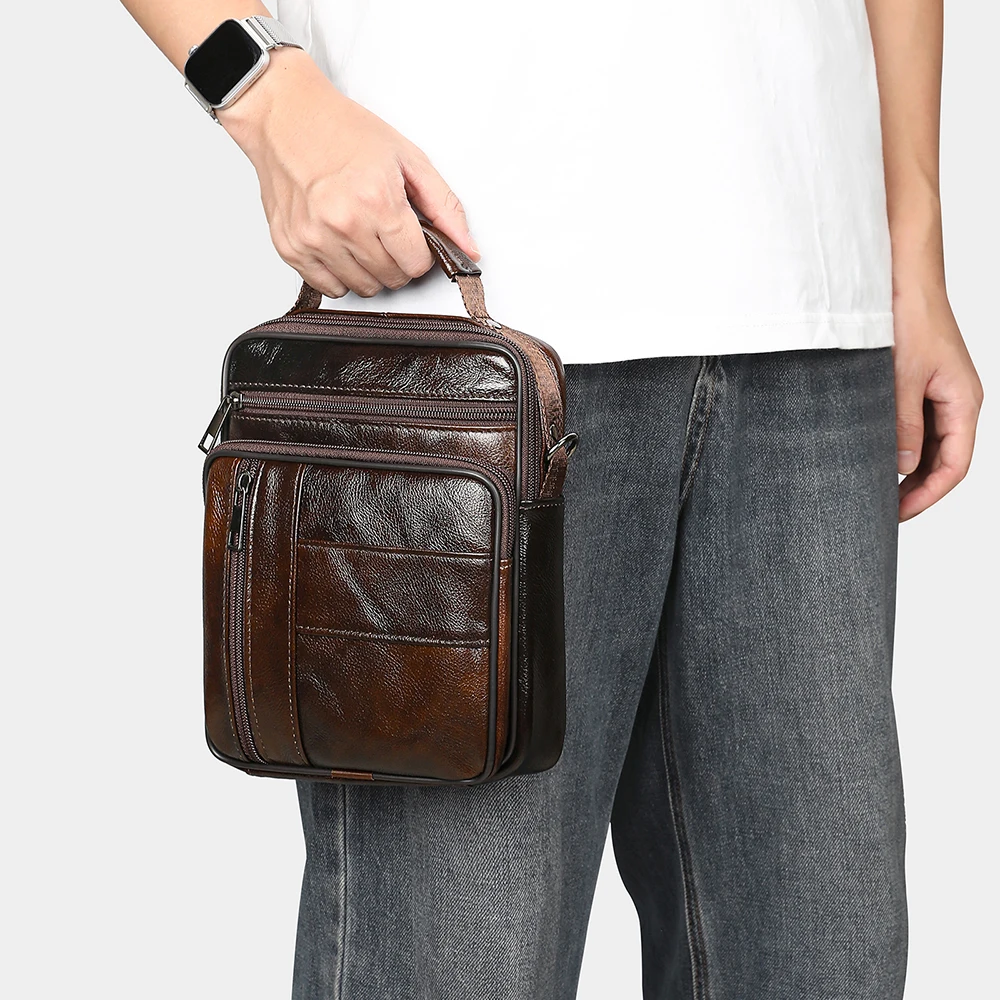 WESTAL Vintage Men Genuine Cowhide Crossbody Bag, Multi-pocket Messenger Handbag, Casual Shoulder Bag With Adjustable Strap