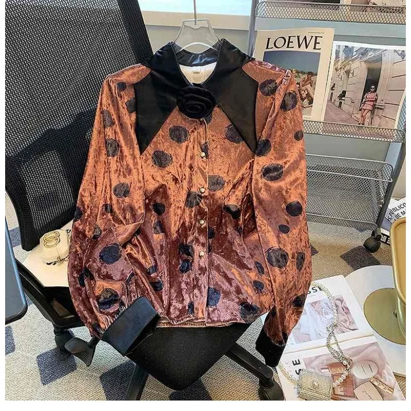 

Бархатный свитер с французским горошком и принтом, женский пышный стильный кардиган с длинными рукавами, свободный топ