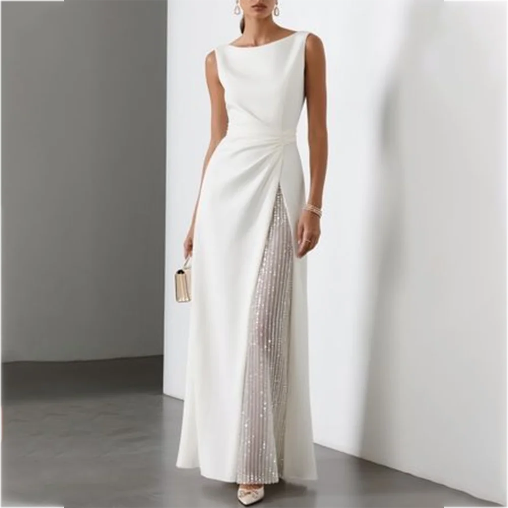 

White Beaded Prom Dress Exquisite Fashion O-Neck Sleeveless A-Line Party Dress Floor Length High Quality Evening Gown Customized
