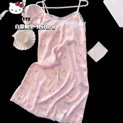 Pink Lace-edge Cute Cartoon Hello Kitty Spaghetti Starp Nightdress Y2k Women's Sanrio Sweet Silky Summer Nightgown with Bra Pad