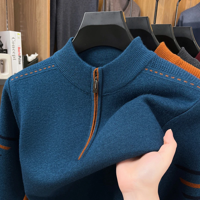 เสื้อสเวตเตอร์ไหมพรมคอตั้งแบบหนา อุ่นสบาย สไตล์ใหม่ ฤดูใบไม้ร่วงและฤดูหนาว ปี 2025 เสื้อสเวตเตอร์ผู้ชายแบบซิปครึ่งตัว เสื้อซับในผู้ชาย