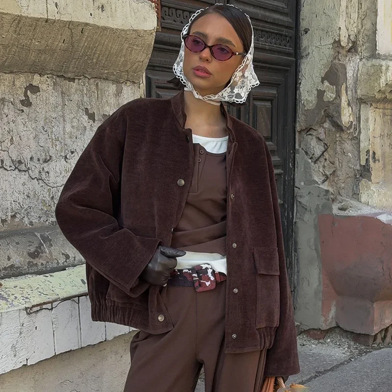 2025 Autumn Fashion Coffee Long Sleeve Jacket Coat Women's Stand Collar Loose Coat Buttons Corduroy Jacket Female New