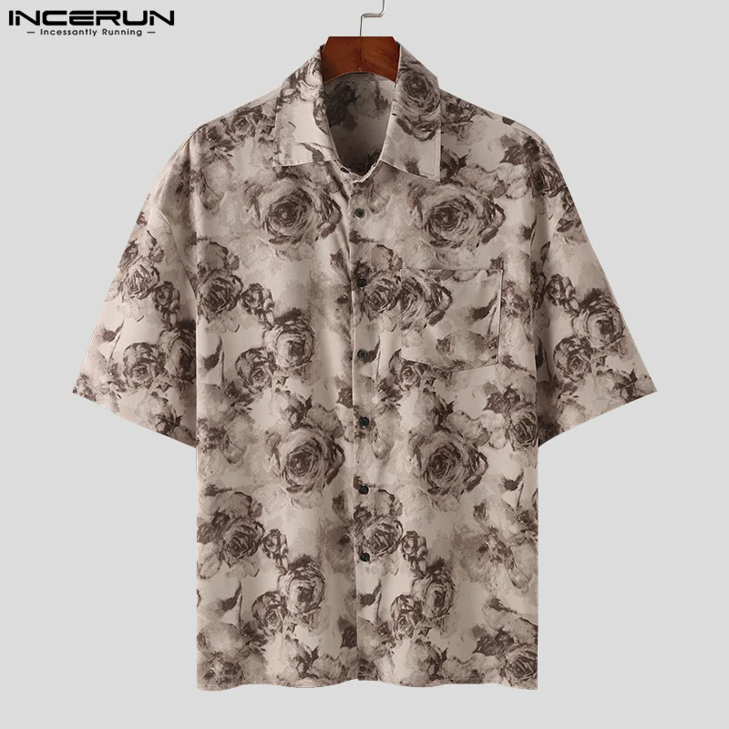 Incerun-Camisa masculina com lapela, manga curta, streetwear solto, roupas casuais, estilo coreano, camisas de lazer, S-5XL, verão, 2022