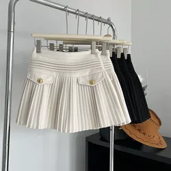 New Fashion Korean Elegant Pleated Mini Skirts Women Vintage Buttons Woolen Solid A-line High Waist Short Skirt Autumn Spring