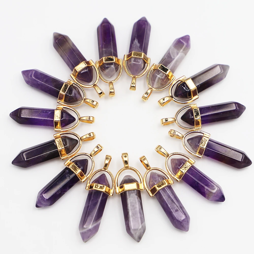 

Natural Amethyst Stone Pillar Point Hexagonal Pendants Gold Column Shape Necklace DIY Jewelry Accessories Making Wholesale 12Pcs