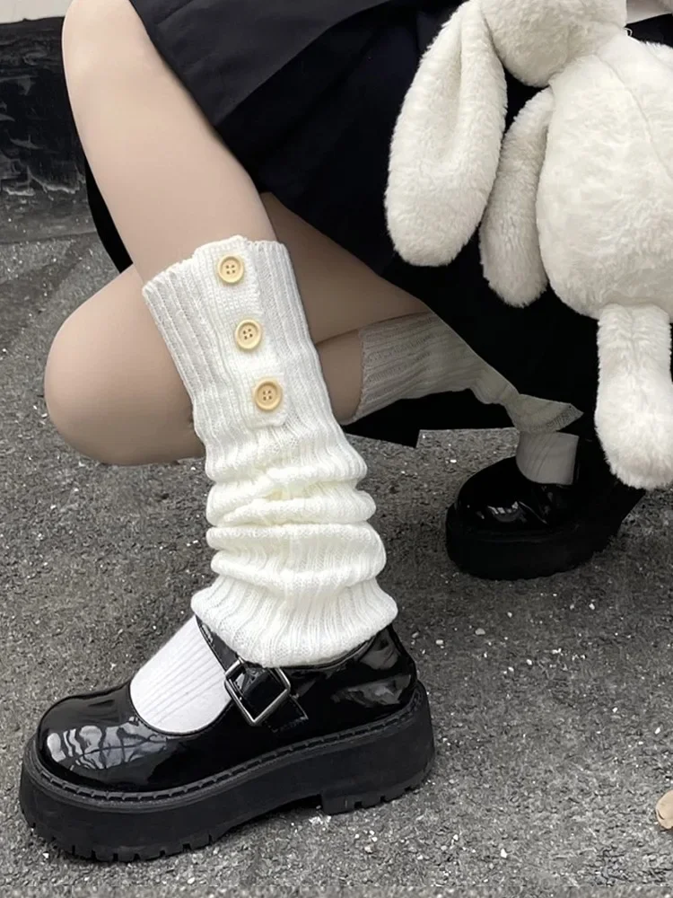 

Japanese Style Retro Button Leg Set Women's Winter Knitted Socks Keep Warm White Long Tube Pile Socks JK Spicy Girl Socks