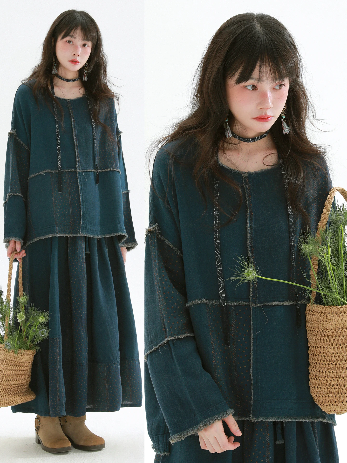 

Rare Ethnic Style Patchwork Casual Women's Set Artistic Vintage Design Simple Versatile Cotton Long Sleeve round Neck Sweater