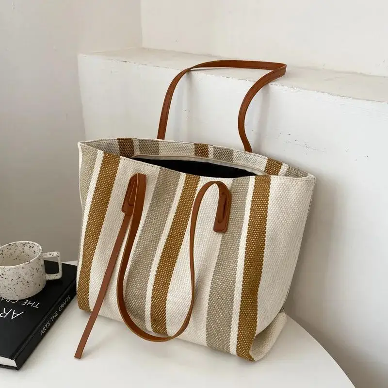 Raffia Summer Bags for Woman 2024 Stripe Designer Shoulder Crossbody Shopper Storage Bag Women Casual Canvas Handbag Tote