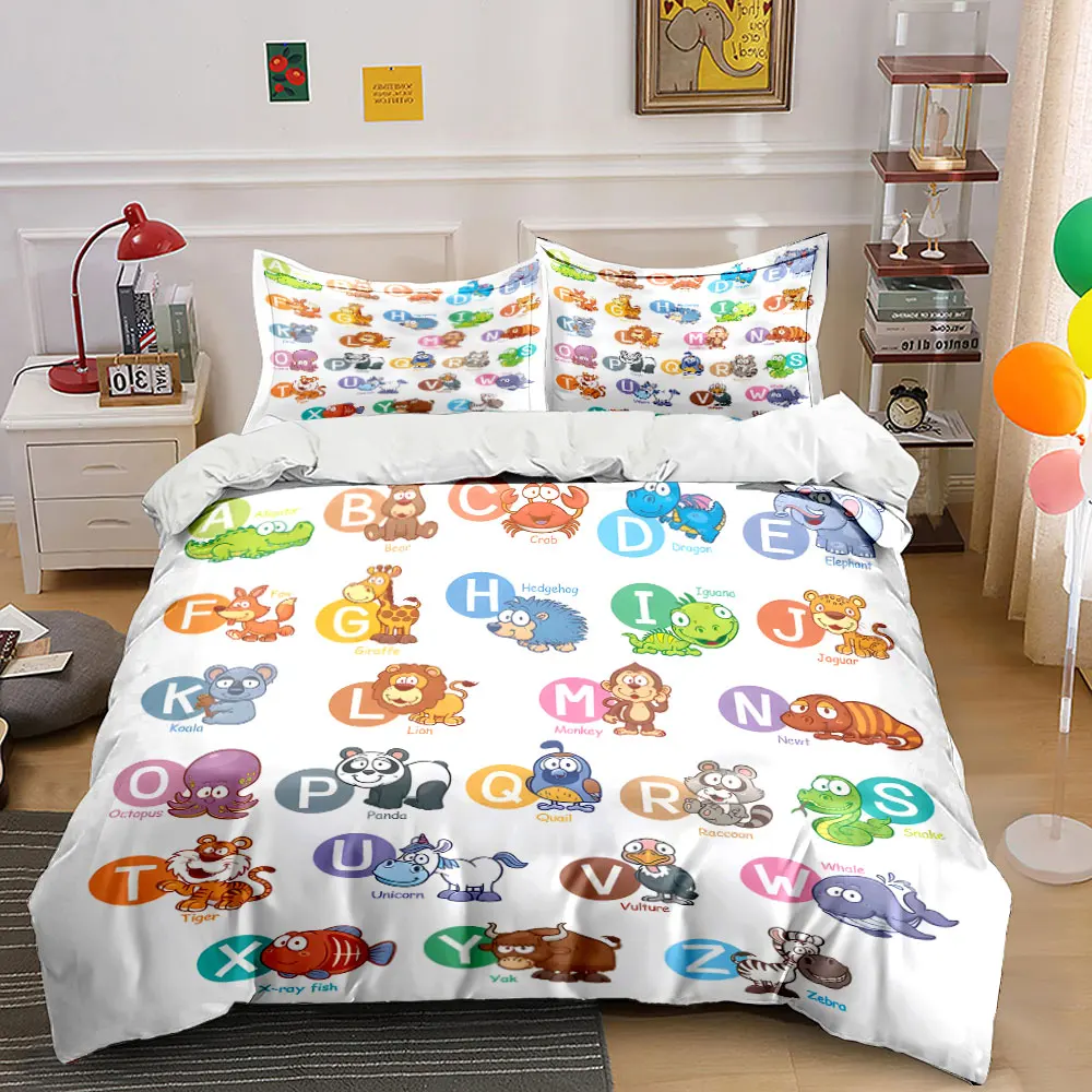 Cartoon animal alphabet chart Print Bedding set 3PC 1 duvet cover 2 pillowcases adult and children bedding set Luxury