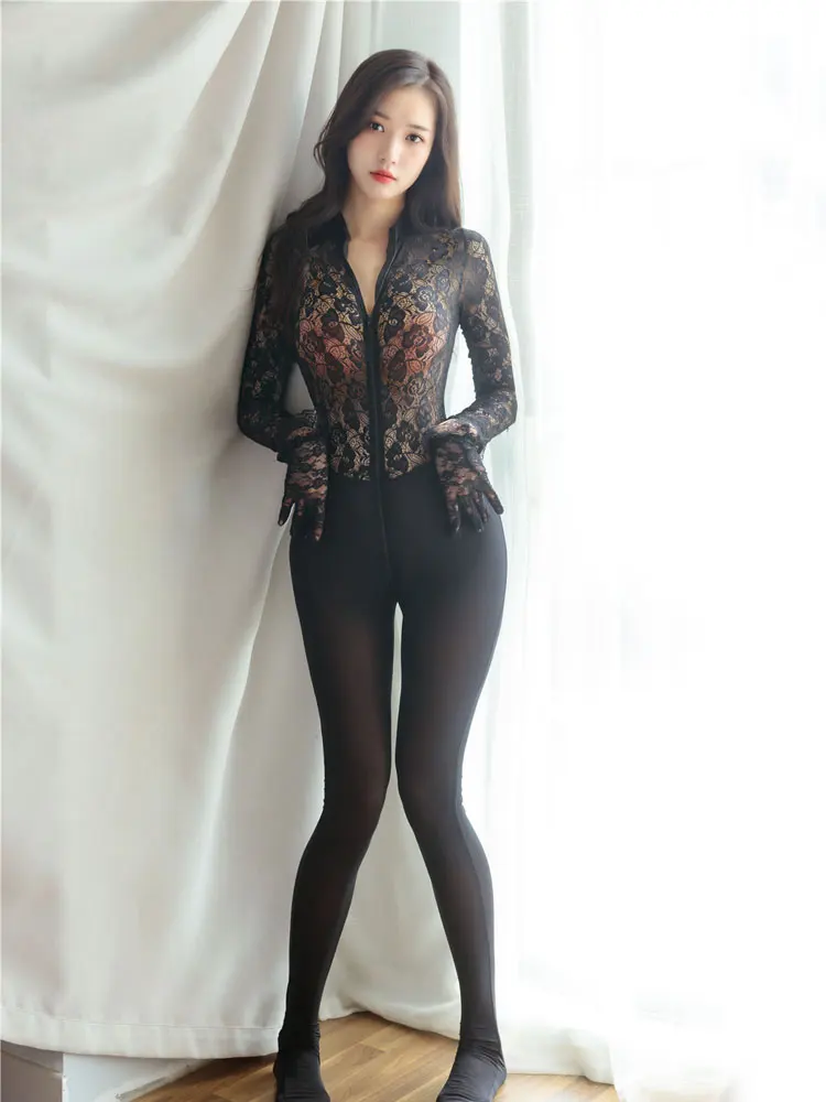 Lace Perspective Jumpsuit Women Elastic Sexy Porn Fetish Catsuit Zipper Open Crotch Full Bodysuit Aldult Nightclub Overalls