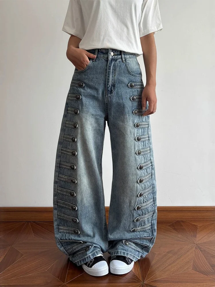 plus Size American Retro Court Metal Buckle Blue Jeans Women Loose Wide Leg Long Pants High Waist Denim Pure Color Wear Resis...