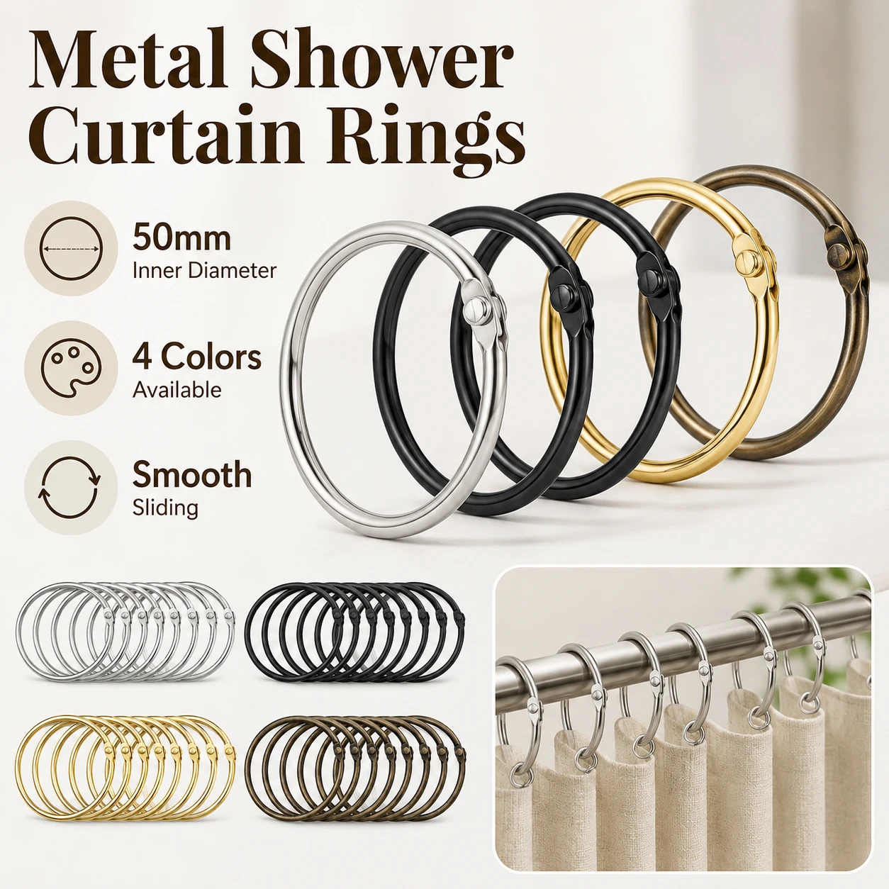 5-30Pcs Metal Shower Curtain Rings, Sliding Hooks with Round Rod Clips, Rustproof Bathroom Curtain Accessories for Shower Rod