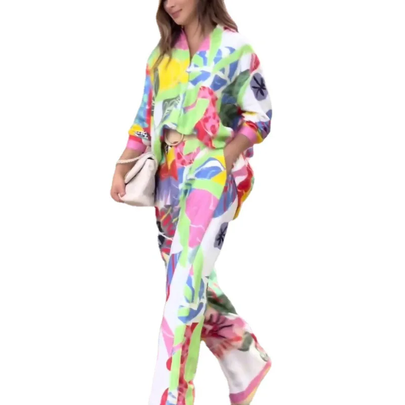 Fashion Color Print Two Piece Set Women Trendy Loose Long Sleeve Shirts Wide Legs Trousers 2 Piece Set Female Commuting Suits