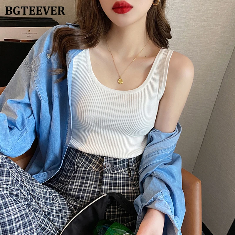 BGTEEVER Chic Stylish Female Skinny Knitted Pullovers Vests Summer Basic Fashion Women Sleeveless Camisole Ladies Tank Tops