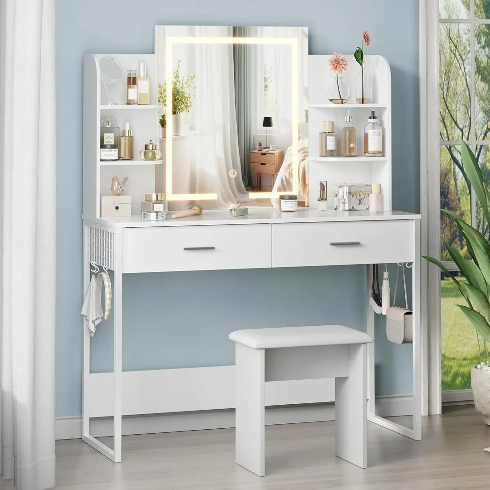 

Metal Vanity Desk with Hooks, Mirror and Light, Adjustable Brightness, 2 Large Drawers, 6 Open Shelves, Vanity Set with Chair