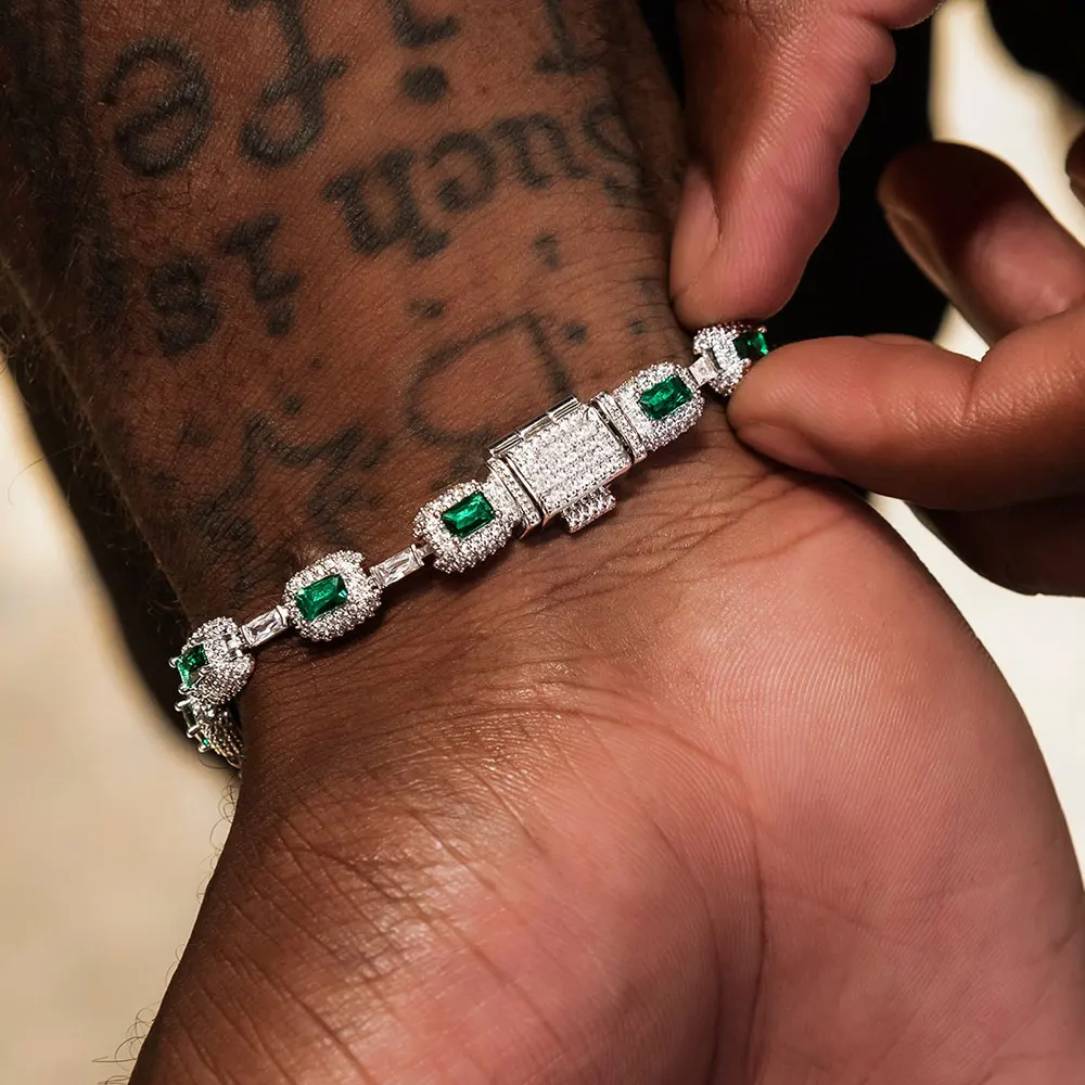 Men's White Gold Emerald Bracelet with Diamond