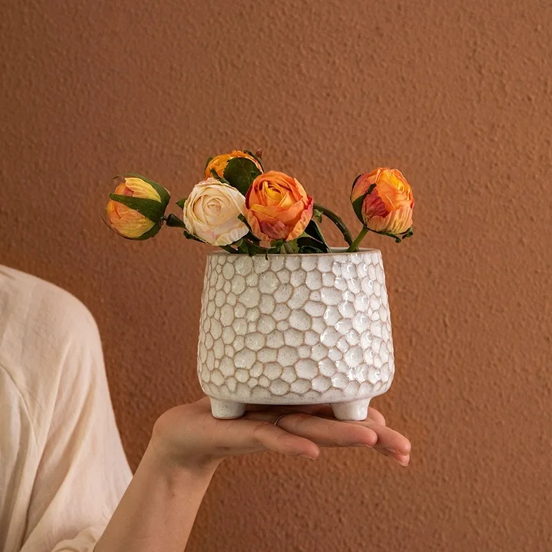 1Pc Round Tripod Ceramic Storage Jar,Hammered Embossed Pinecone Utensil Holder,Kitchen Chopstick Holder,Pen Holder& Mini Planter