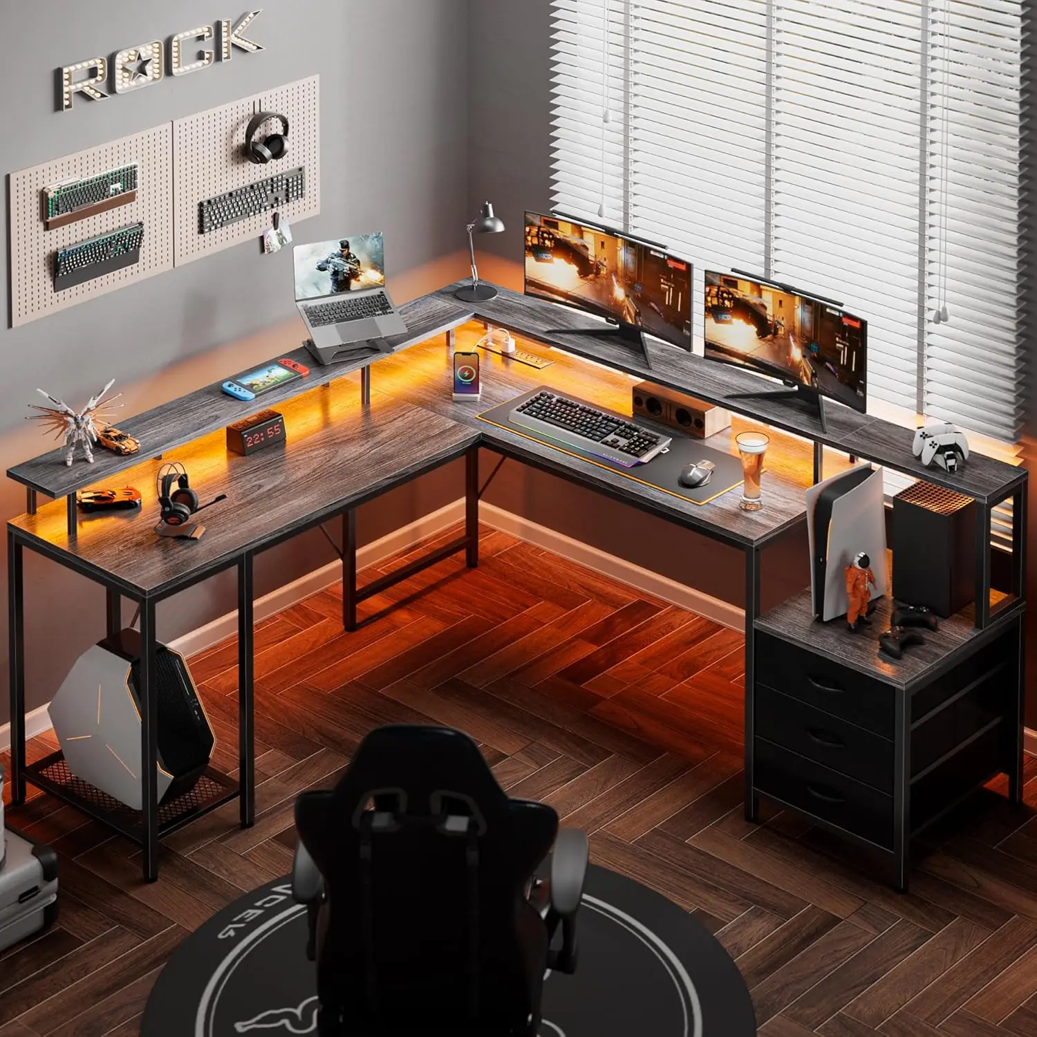 

L Shaped Gaming Desk With Led Lights And Power Outlets, Computer Desk With 3 Drawers, 66.1 Hes Corner Desk, Home Office Desk