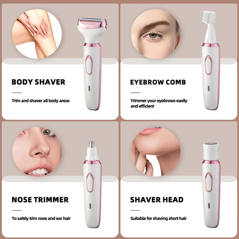 Elektrische scheerapparaten voor vrouwen 4-in-1 Lady elektrisch scheerapparaat voor gezicht, neus, benen en okselbikini-trimmer