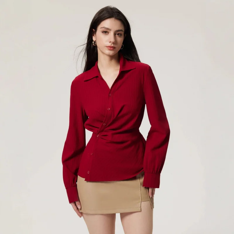 

Women Spring Casual Commuted Red Texture Fabric Long Sleeve Shirt Front Button Ruffle Waist Korean Fashion Office Style Shirt