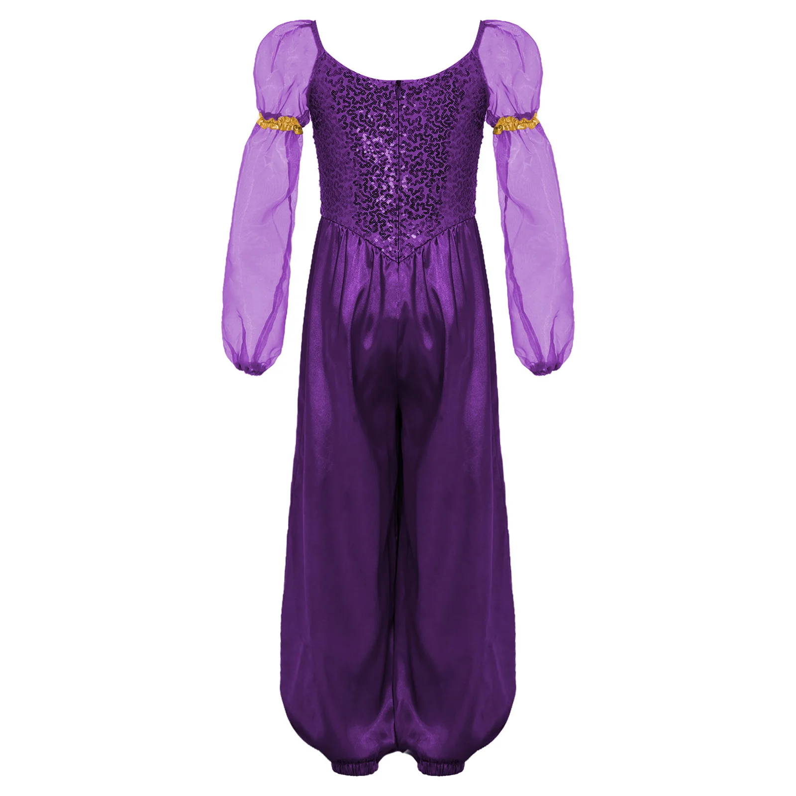 Kids Girls Arabian Princess Costume Sparkly Sequin Jumpsuit Long Tulle Puff Sleeves Bodysuit for Halloween Belly Dance Romper