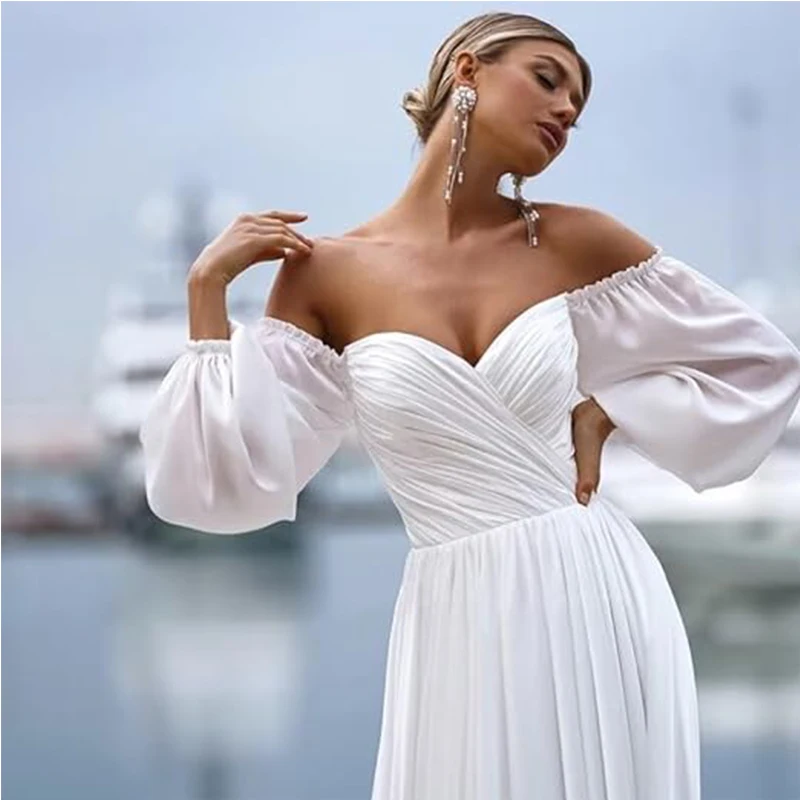 Off Shoulder Lange Mouw Trouwjurk Strand V-Hals Chiffon Prom Jurken A Line Avondjurken Voor Vrouwen Met Mouwen Eenvoudig