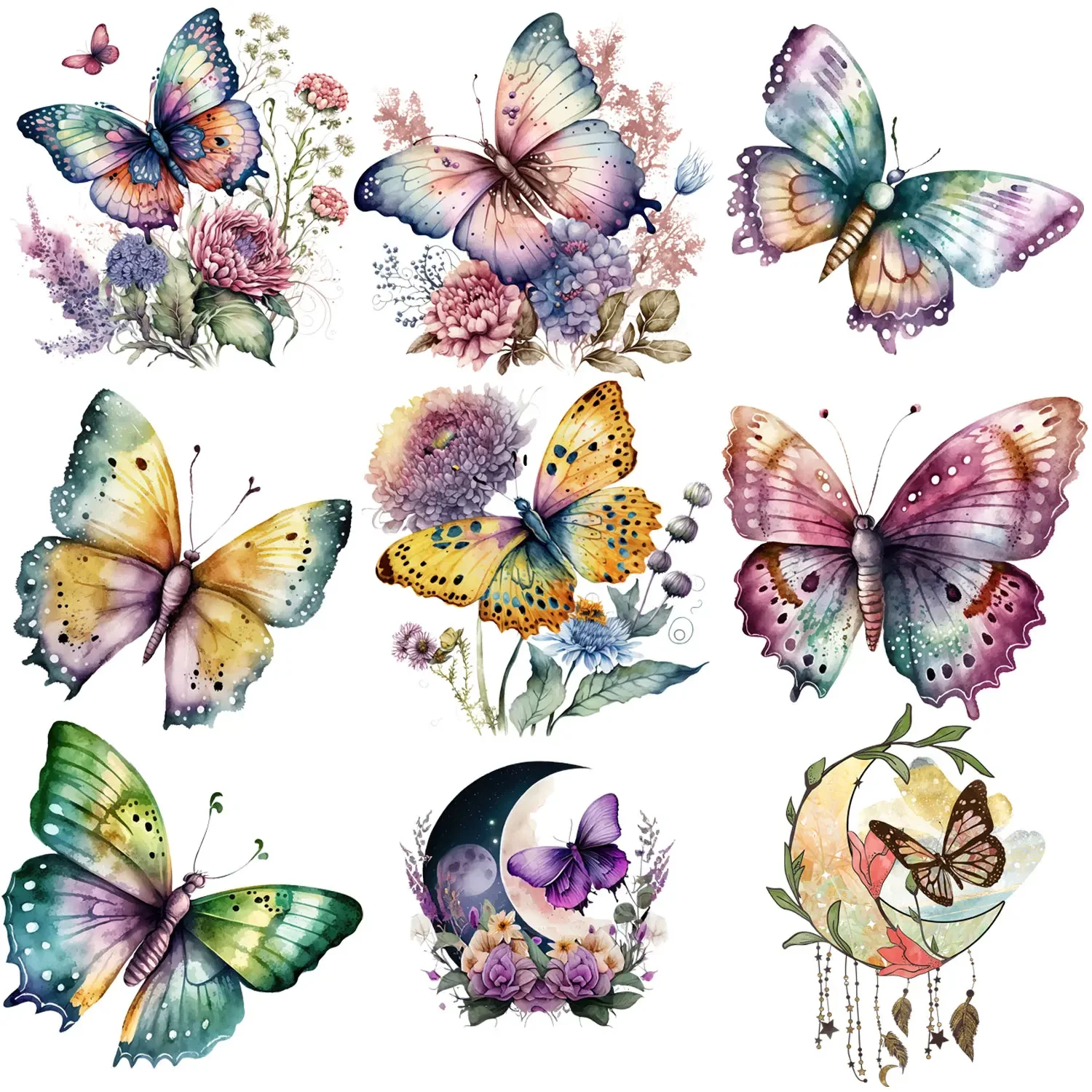 9Pcs SWatercolor Butterfly Iron-On Transfer Stickers,Design Decals Heat Pressed Decals,for DIY Clothing denim heat transfer film