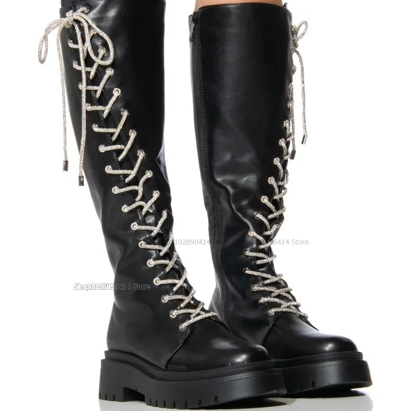 

Black Thick Bottom Cross Tied Boots Over The Knee Side Zipper Women Shoes Novel Fashion Sexy Lady New 2023 Zapatos Para Mujere